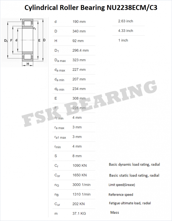 Rolamento de rolos cilíndricos de alta precisão NU 2238 ECM/C3 190 × 340 × 92 mm gaiola de latão 0